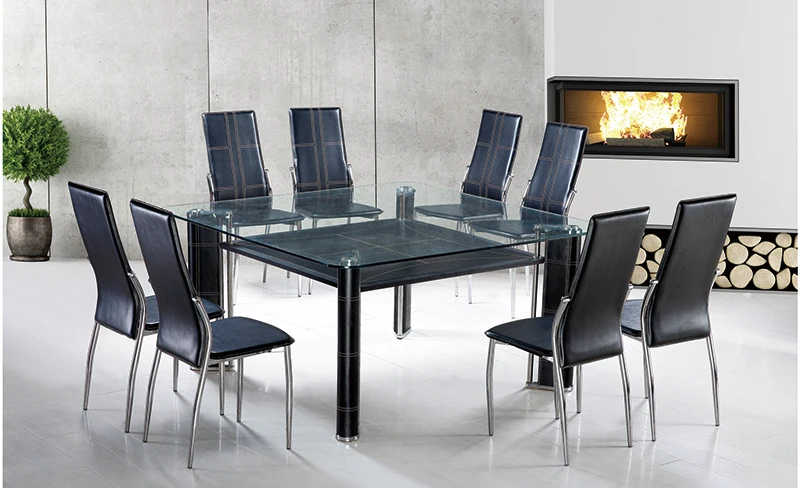 wholesale china 10mm 8 or 10 seater modern cheaper ali crystal glass top dining table set
