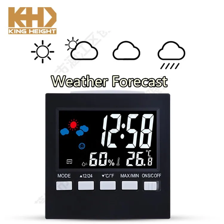 KH-CL004 KING HEIGHT RoHS Max and Min Temperature LED Light Table Cheap Station Forecast Weather Multifunction LCD Clock