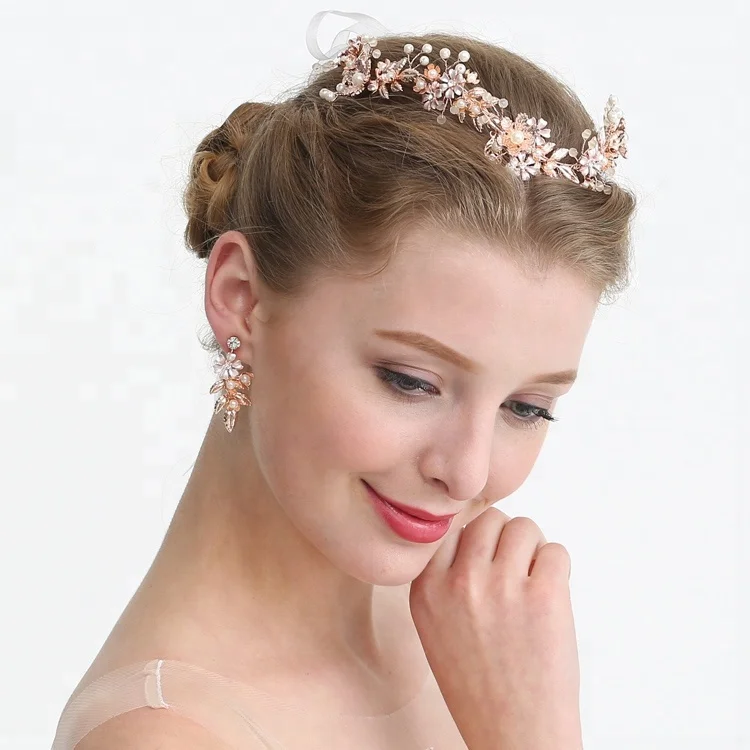 Wedding Hair Vine Flower Pearl Bridal Headband and Earring Party Prom Accessories Tiaras Crown Jewelry