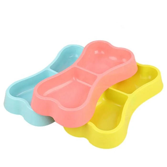 Bone Shaped Dog Bowls Non-toxic Plastic Pet Food Bowl Double Ports Cat Water Container Candy Color