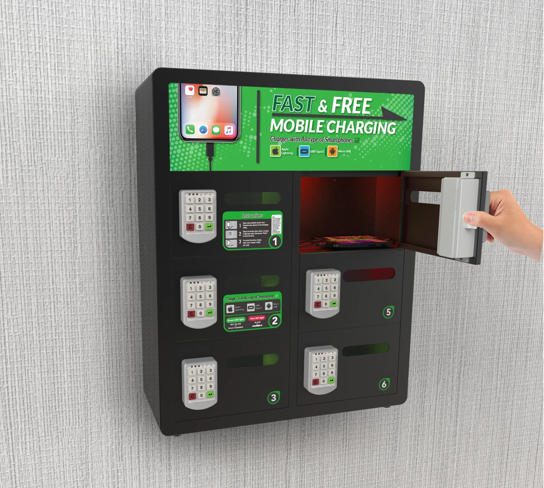 Oread 6 pin code locker for hospitality industry Oread SCL-02-M kidigi charging station