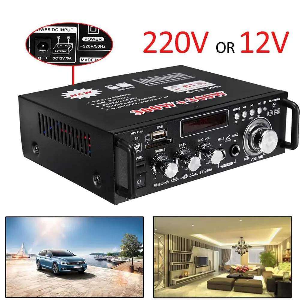 800W 600W Car Amplificador HIFI 2 CH Audio Power Amplifier 12/220V Home Theater Amplifier Audio Support FM USB SD/Remote Control