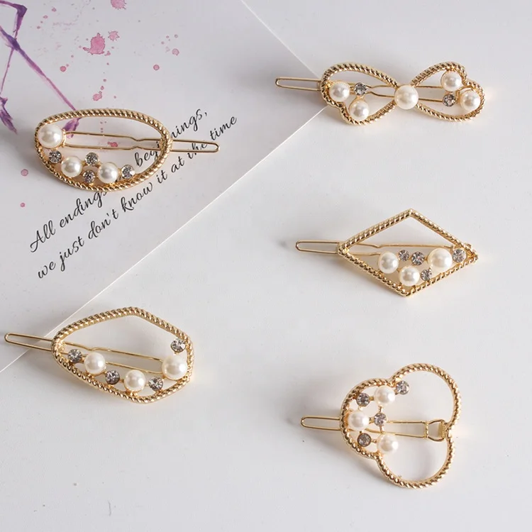 Europe and America metal hair pin fashion geometric pearl hair clip word hair clip headwear