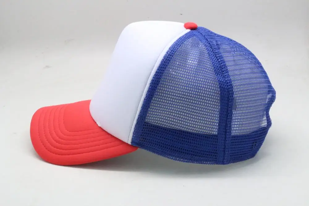 custom foam turcker cap mesh fabric blank design white panel with red brim and blue mesh Snapback Cap