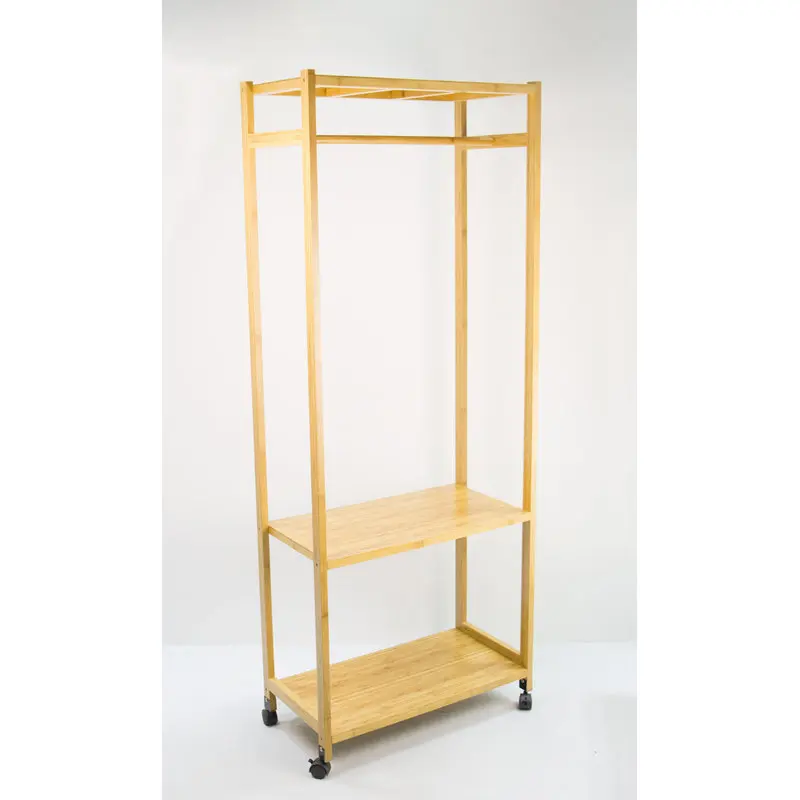 
BAMBKIN Bamboo 2-tier storage coat rack with shoe rack shelves clothes hanger standing with wheel 