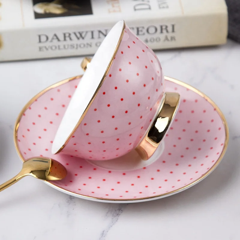 New Design Gold Plate Handle pink ceramic Tea  cup and saucer