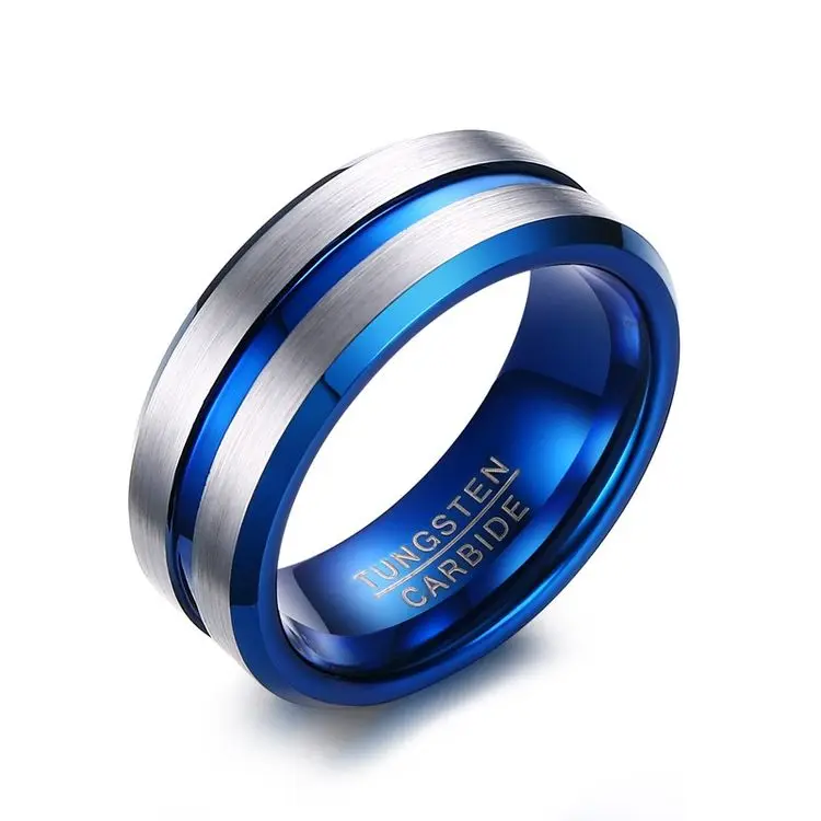 USA Hot Sale New Design Double Offset Line Blue Plated Tungsten Wedding Ring