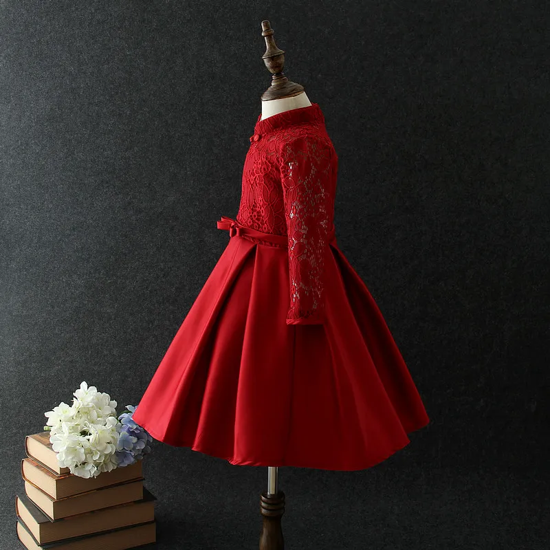 2024 Chinese knot beautiful baby red lace dresses with long-sleeves