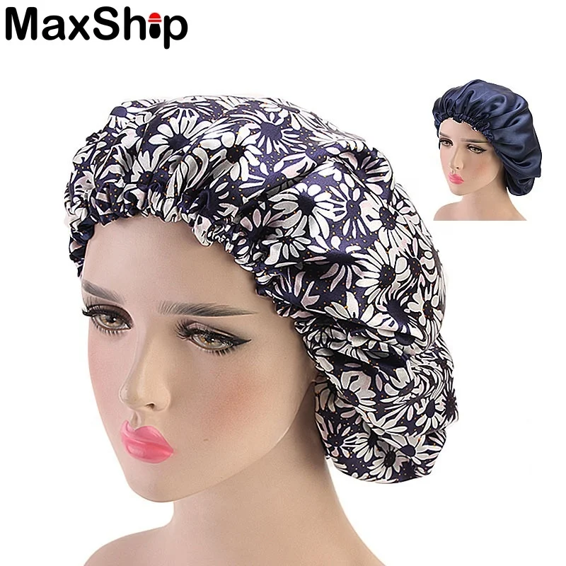 Wholesales Double face print bonnet satin sleep cap with adjustable cord for women