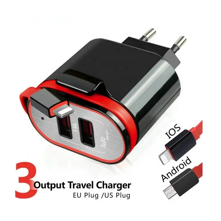 
 SUNLINE 2019 высокое качество 5V 3.4A 2 порта двойной USB EU вилка зарядное устройство для путешествий с фиксированным кабелем  