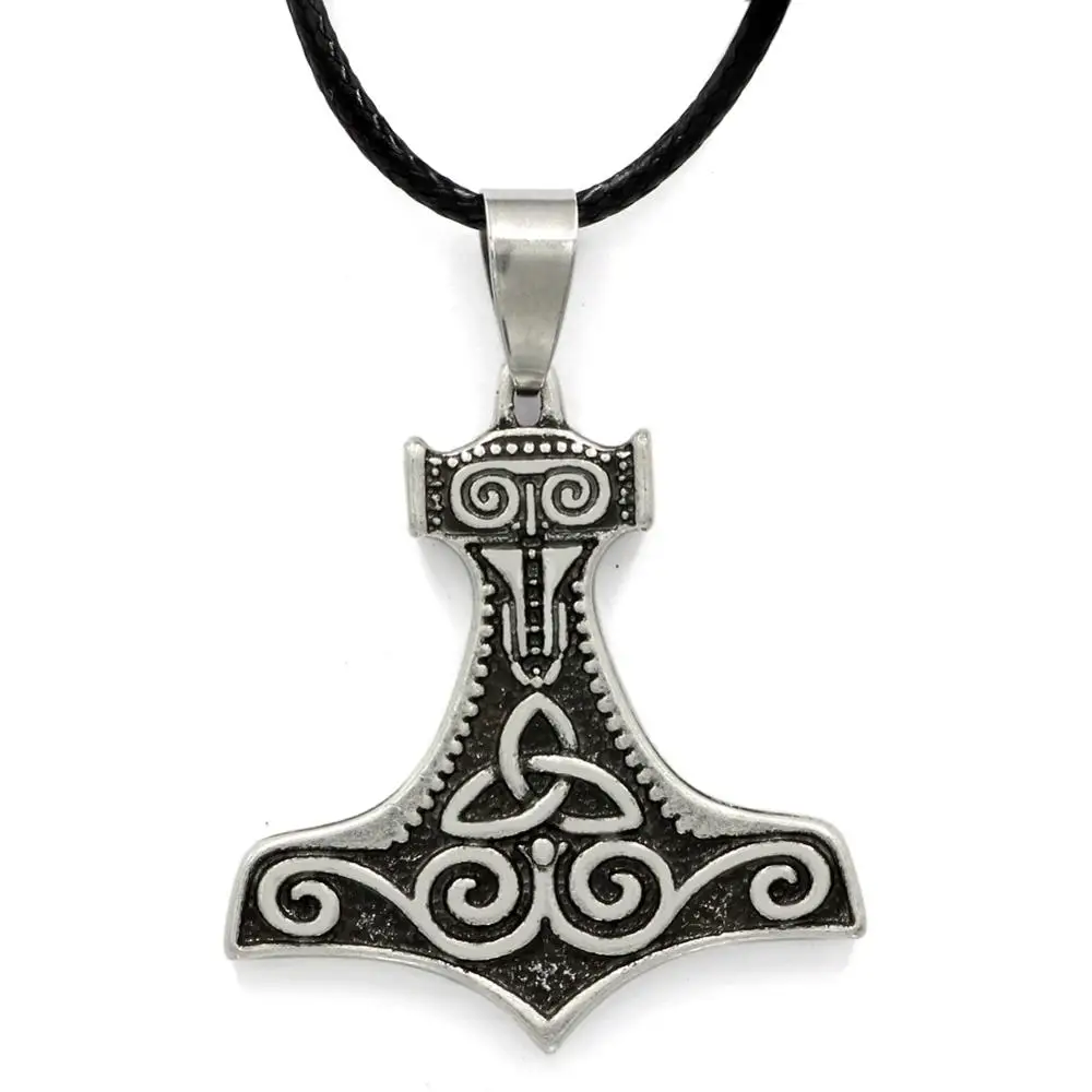 Norse Vikings Amulet PENDANT Necklaces Hammer Of Thor Mjolnir Pendant Leather Rope Necklaces Knot Viking Jewelry