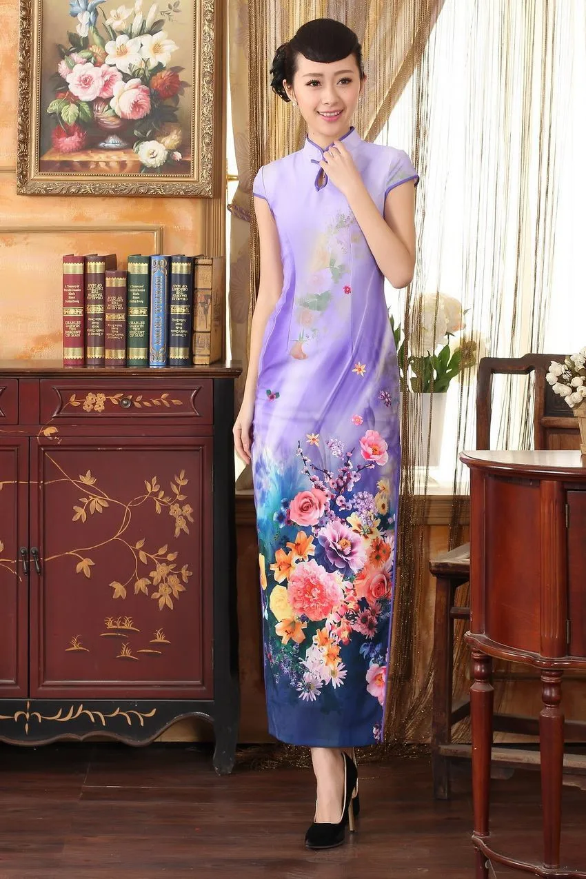 Modified Asian Chinese Cheongsam Qipao Fashion Dress Silver w HandPainted Flower 