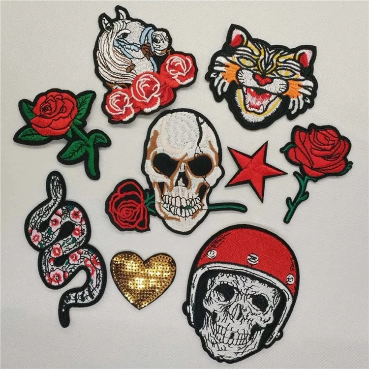 Tiger lion leopard skull snake embroidery label Roses flower embroidery patches Cartoon cloth woven badge