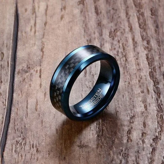 
In Stock Cheap 8mm Tungsten Carbide Ring Mens Blue Carbon Fiber 