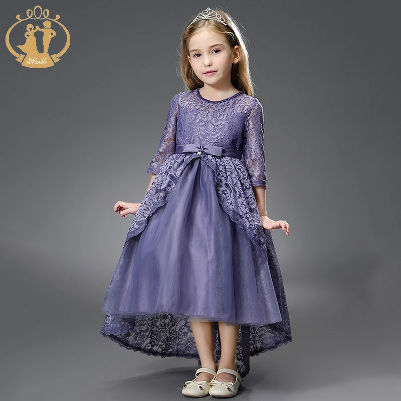 Nimble Designer Purple Flower Girl Dress High Collar Heavy Beading Satin Princess Gril Dresses With Long Train