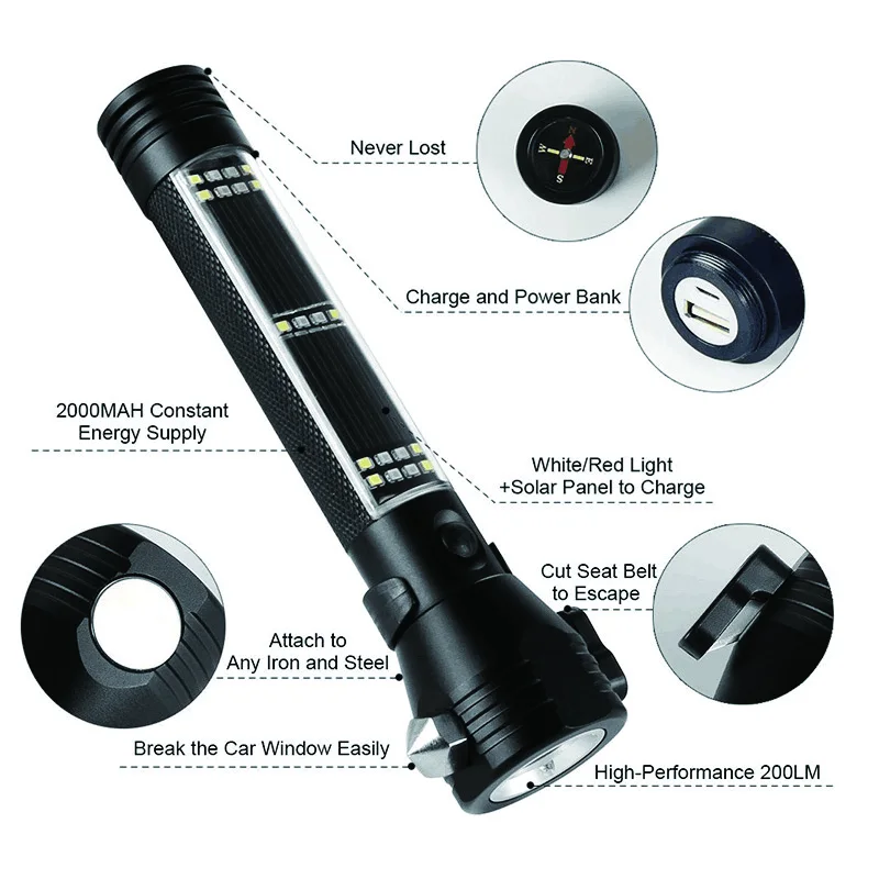 5 in 1 Multifunctional Outdoor Camping Hiking Power Bank Solar USB Rechargeable Flashlight with Safety Hammer and Compass