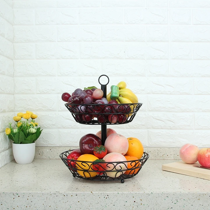 2-Tier XL Size Household Metal Hanging Fruit Bowl Stand Decorative Vegetable Basket with SUS Bowl for Kitchen Storage