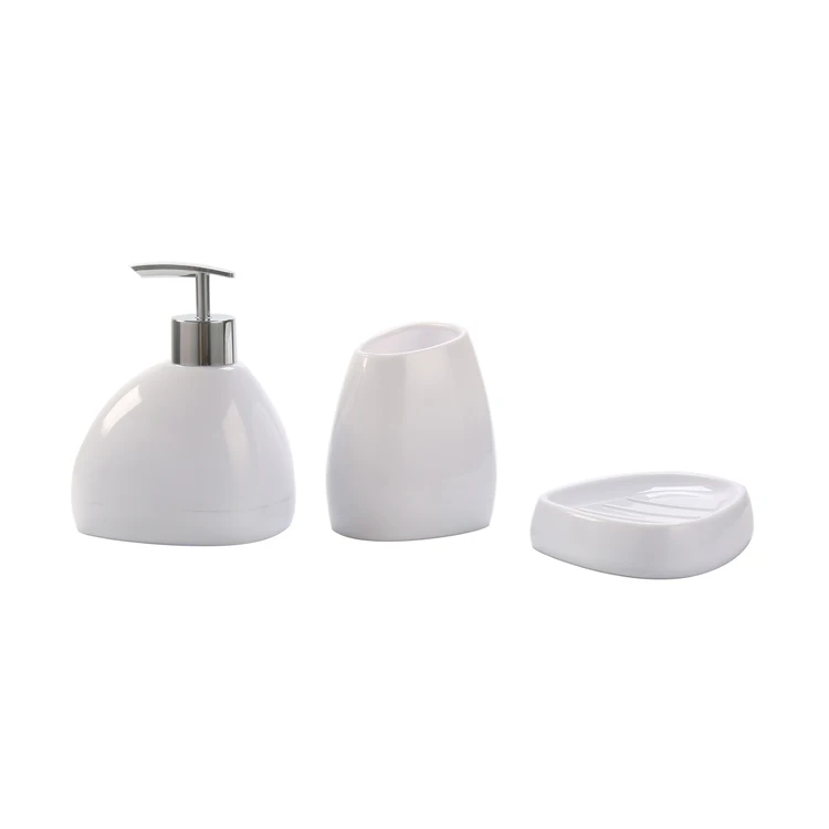 Unique Shape White Plastic Bathroom Set Cute Tooth Cup Soap Plate and Body Shampoo Dispenser