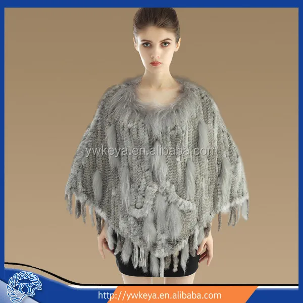 2015 свободный размер вязки подлинная кролика и енота пончо с кистями, мода кролик женщин и енота вязание мыс