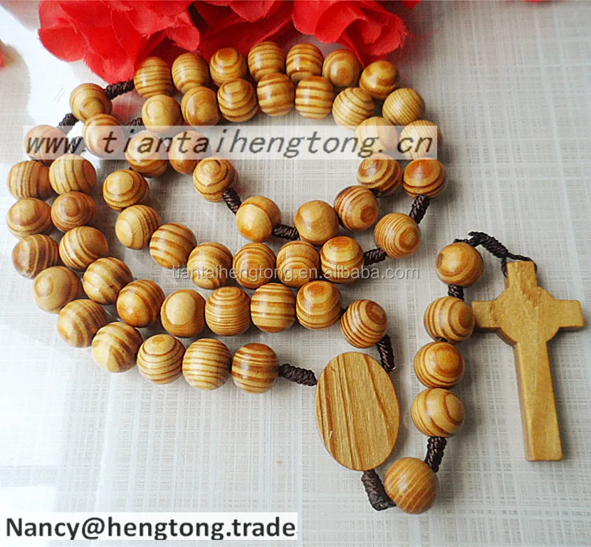 Catholic large 16mm olive wood beads knotted rosary, religious pine wood cord rosary necklace