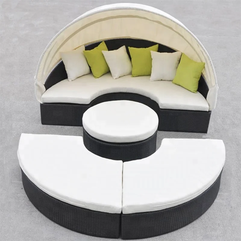 New style round shape lounge chair PE rattan beach day bed with canopy for sea beach