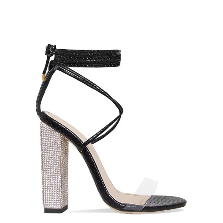 
Women Gladiator Ankle Strap Clear Rhinestone Lace Up Chunky High Heel Snake Skin Strappy Sandals 
