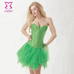 Corzzet Women Fancy Falda Cavanval Green Brocade Satin Corset Mesh Skirt Carnival Party Bridesmaid Dress Bridal Simple Clothing