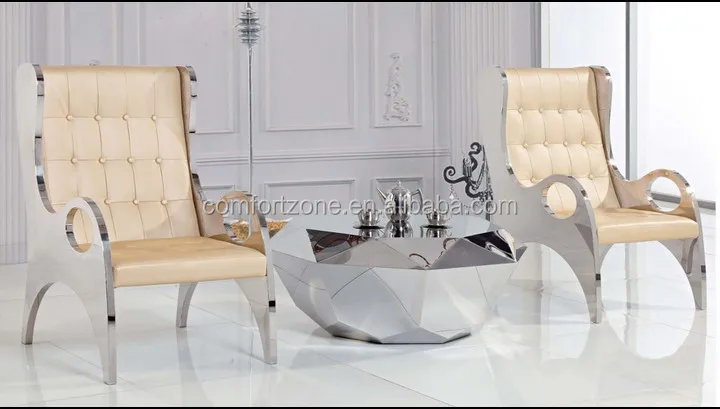 CN8023 antique modern round silver mirror coffee table with stools