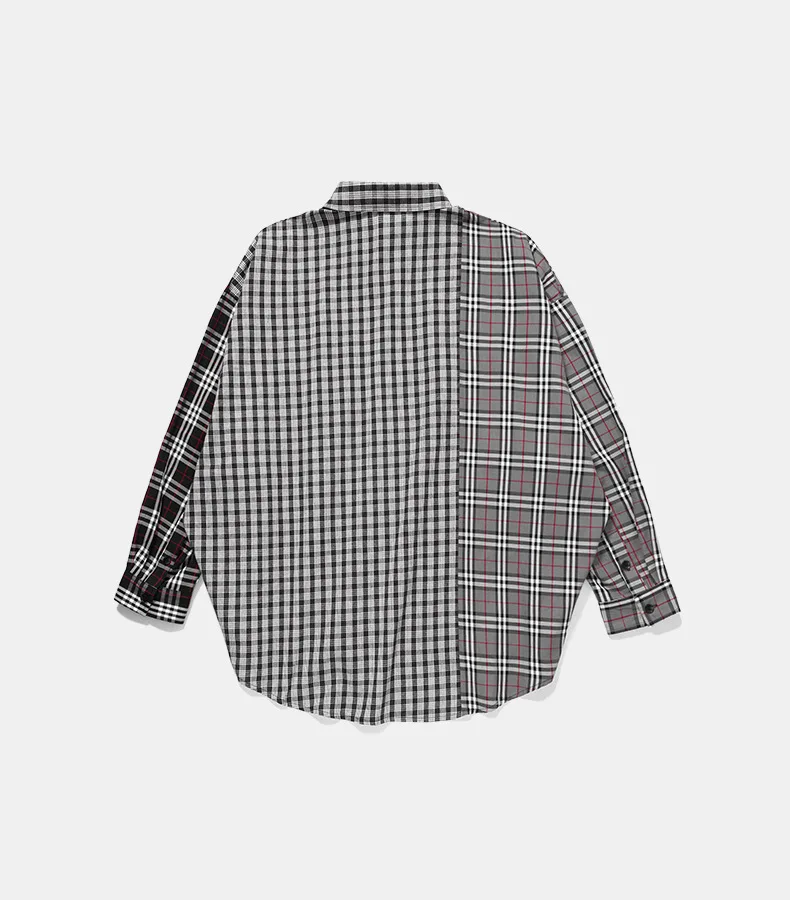 Chic streetwear three styles cut and sew checked shirt men Oversized curved hem button up shirts
