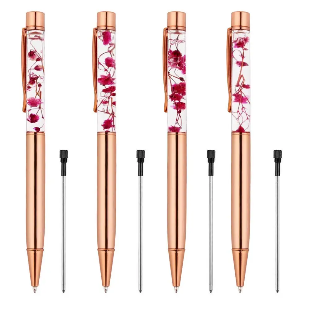 Dry Flower Ballpoint Pen,Dynamic Liquid Flower Pen,Black Ink Refill Ballpoint Pen Writing Stationery School