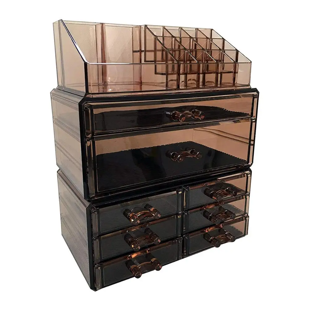 Hot Brown 3 Pieces Set Plastic Acrylic Makeup Cosmetic Organizer Jewelry Storage Drawers Lipstick Display Makeup Boxes Case