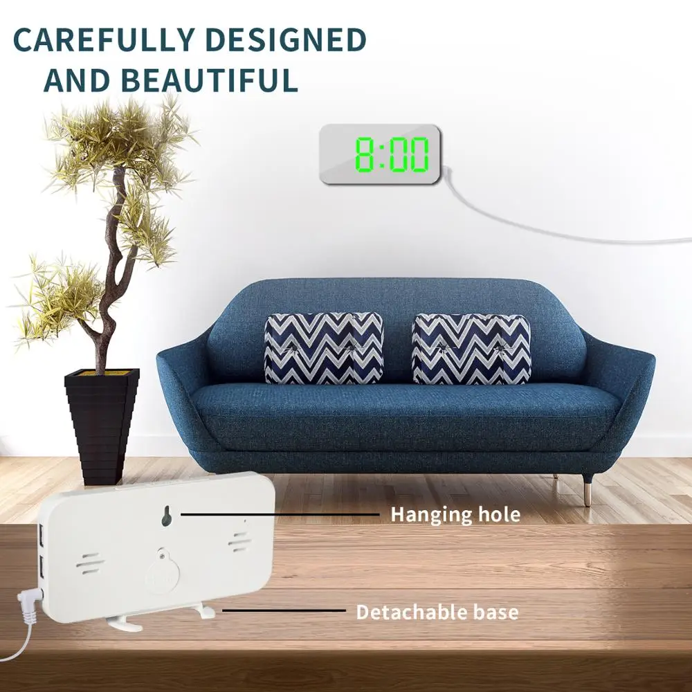 Korea Hot Seller White Digital LED Mirror Alarm Clock 24 hours Desktop Decorative Wall Clock with USB Charger