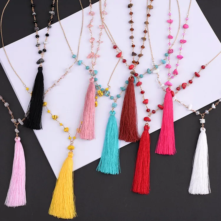 Wholesale Red Yellow Blue Chips Stone Beaded Tassel Necklace