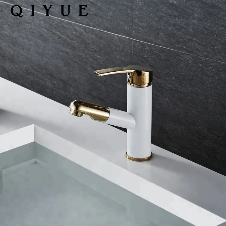 Hot selling single handle hot and cold water white golden pull out bathroom basin faucet mixer tap