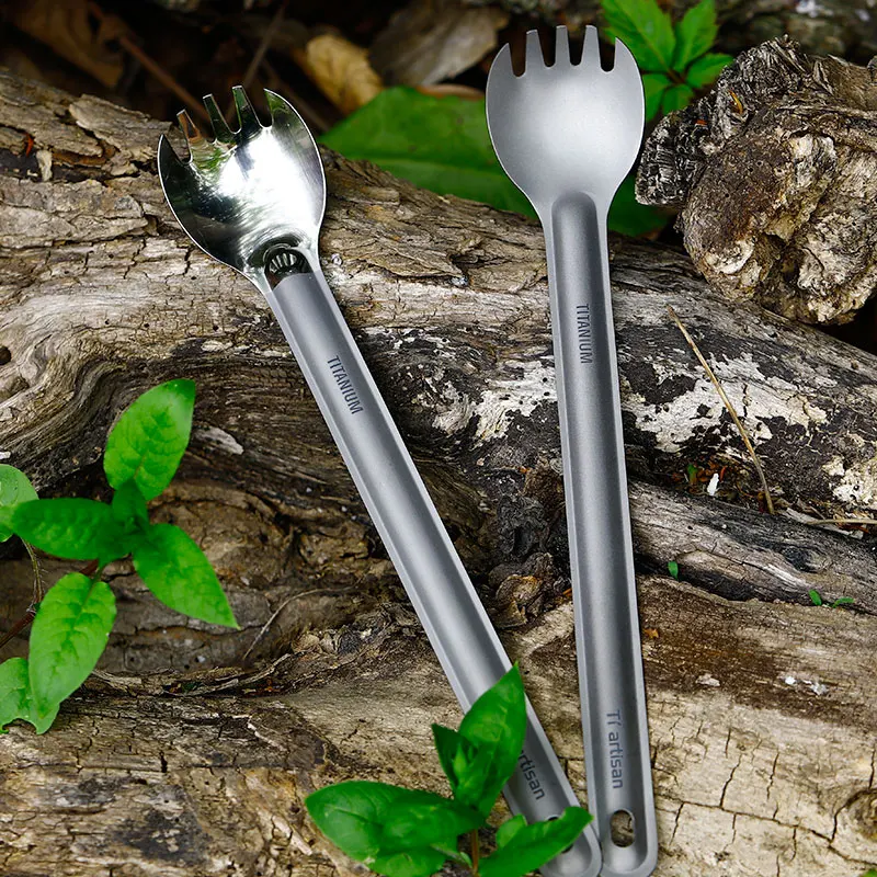 Titanium Long Outdoor Handle Spork with Ultralight Waterproof Bag