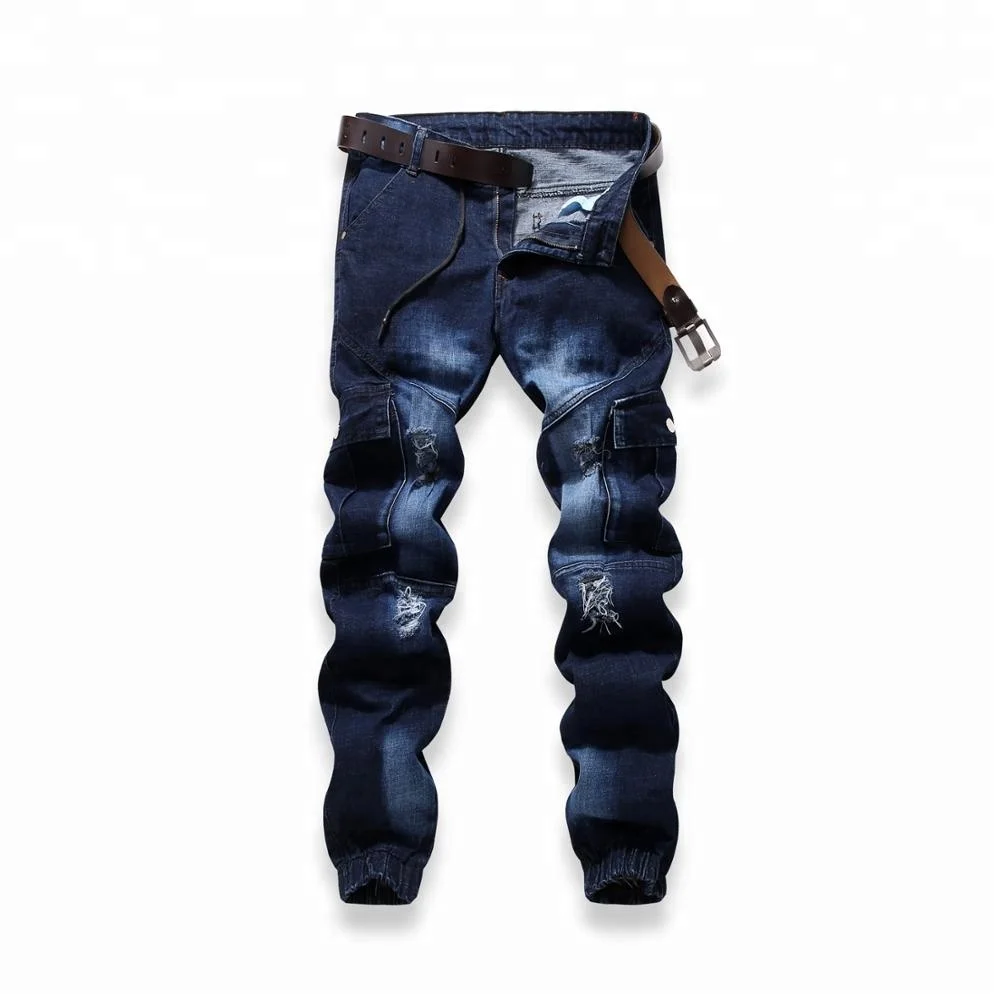 
Elastic bottom zipper patch pocket causal cargo jeans 
