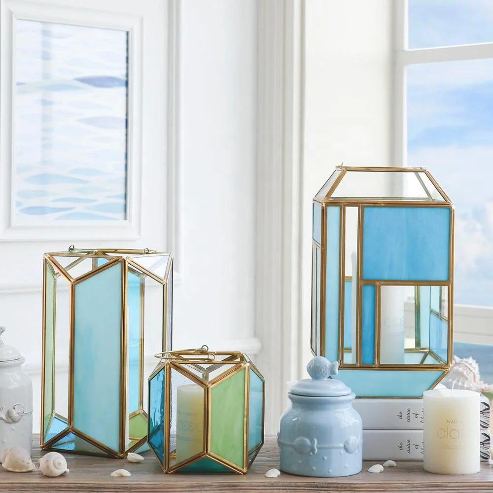 Bixuan Candle Lanterns Sea Blue Stained Church Glass Brass Frame Hanging Tea Light Holder Polyhedral Candle Lamp