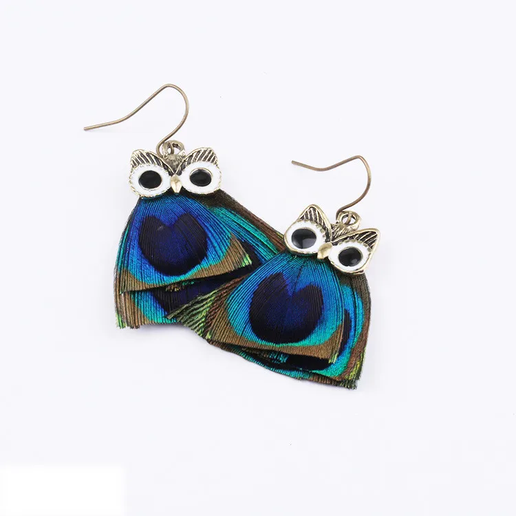 Real peacock feather earrings owl earring