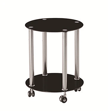 Небольшие круглые черные столы из закаленного стекла с колесиками в простом стиле