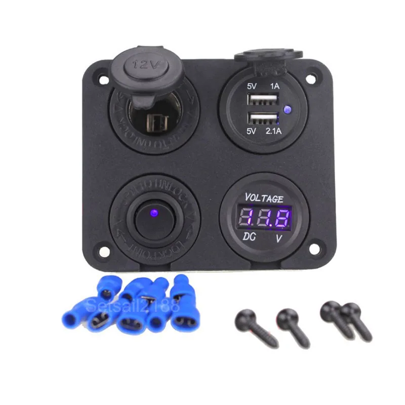4 in 1 Car Motorcycle Boat Cigarette Lighter Socket Waterproof 5V 4.2A Dual USB Car Charger LED Voltmeter with Switch