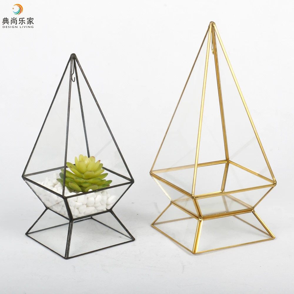 Glass Display Box Gold Pyramid Terrarium in Glass & Crystal Vases with Stand