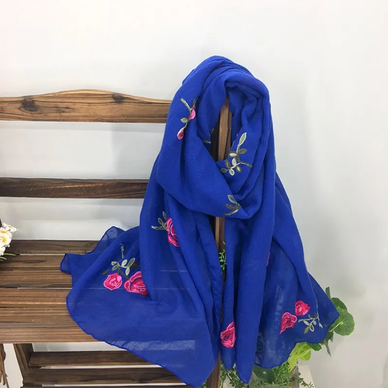 Luxury Long Embroidered Scarf Womens Cotton Scarves Rose Flower Embroidery Scarf Muslin Viscose Hijab 180*90cm