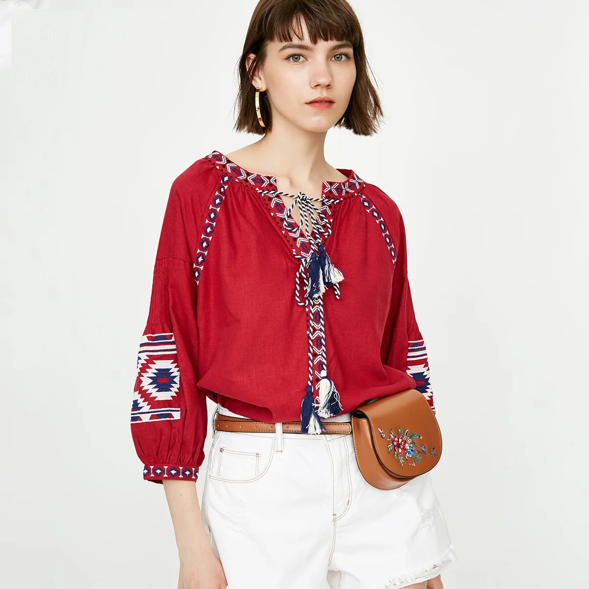 Women V-neck 3/4 Lantern Sleeves High Quality Linen Cotton Blouse For Summer