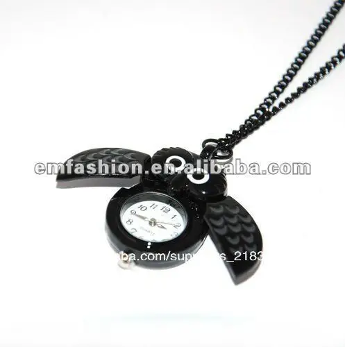 fashion black owl pendant necklace watch