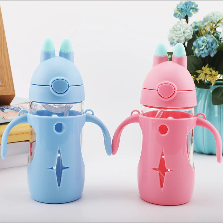 Promotional Custom Sports High Borosilicate Kids Water Bottle with protective cover and double handle portable 300ml