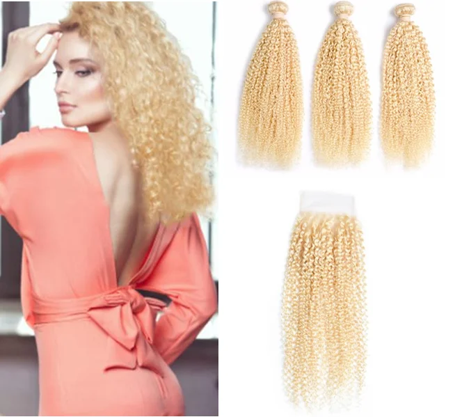 Quality 100% human hair blonde kinky curly hair bundles with closure