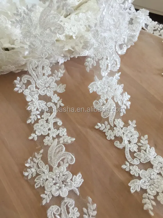 
NW1136 Exquisite Beaded Alencon Lace Trim , Bridal Veil Lace, Scallop Wedding Gown Lace Trim , Bridal Dress Straps 