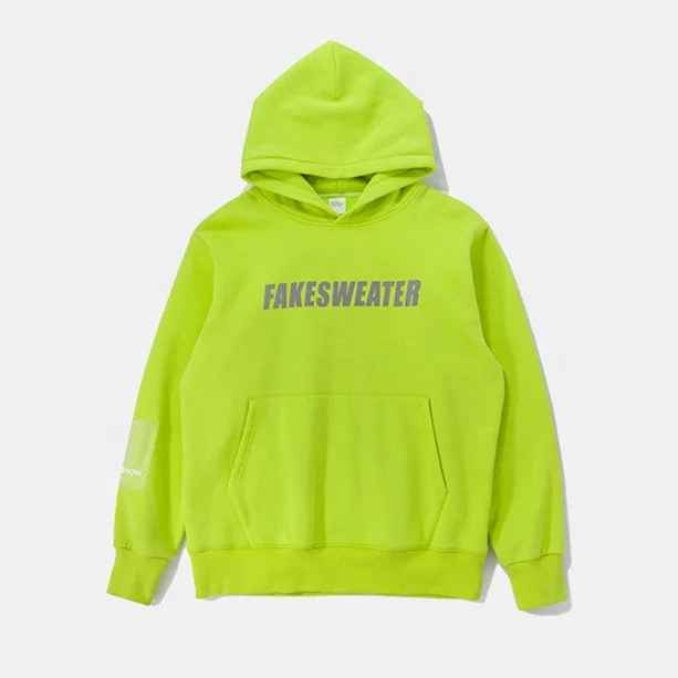 Fashion custom reflective/printing glow in the night neon color 100% cotton fleece terry style pullover hoodies/ hoody OEM