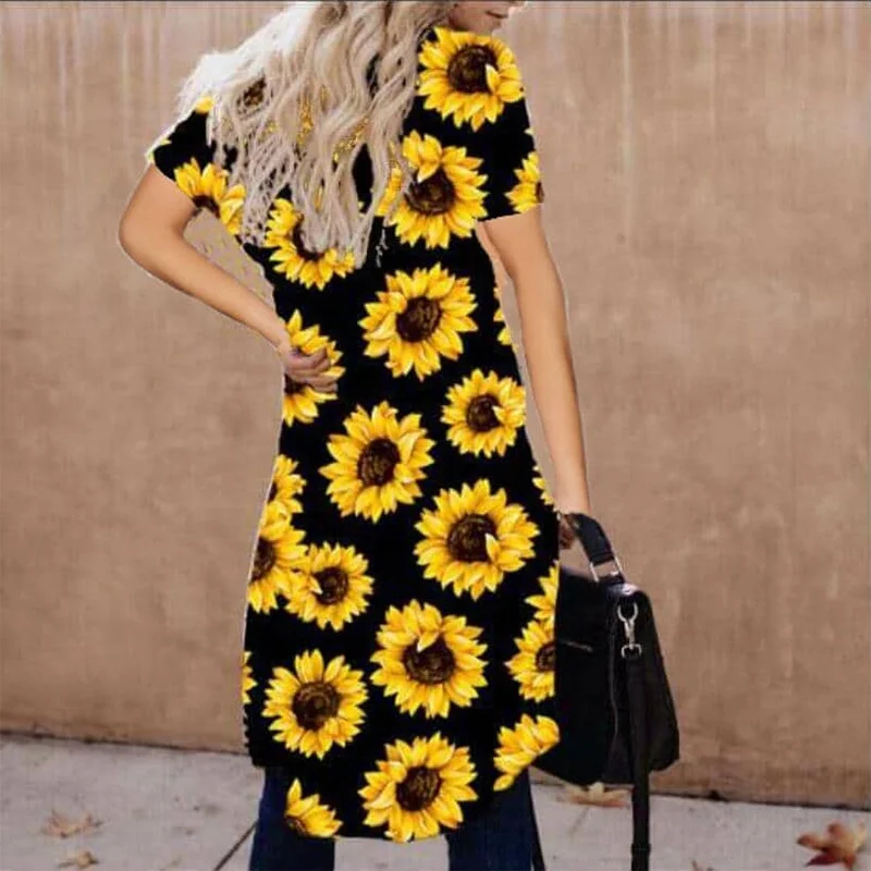 Hot Sale Sunflower Print Short Sleeve Women Kimono Cardigan