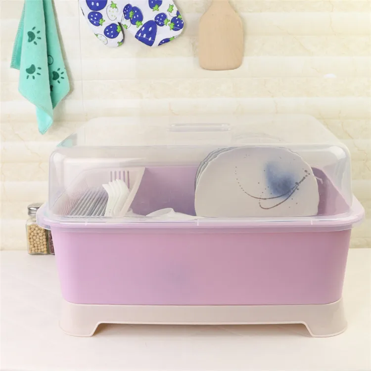 Kitchen Plastic Dish Drying Drainer Rack With Cover